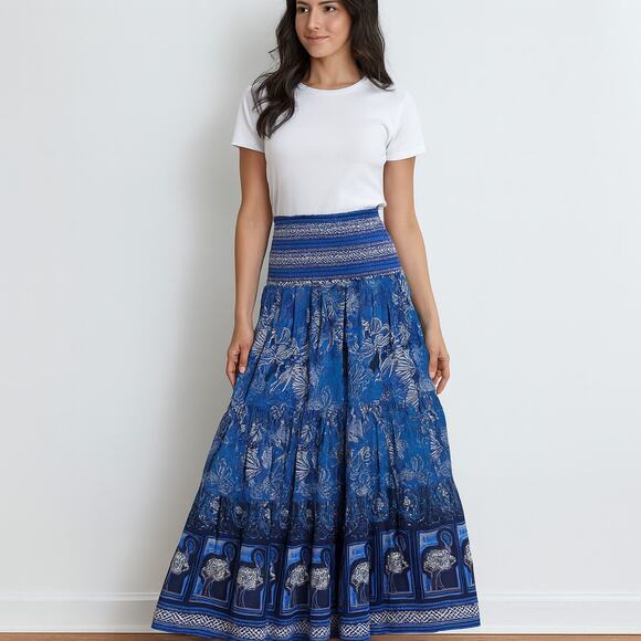 Celina Moon SZ S 100% Cotton Smocked Waist Maxi Skirt Blue Flamingo Print NWT - Picture 1 of 6